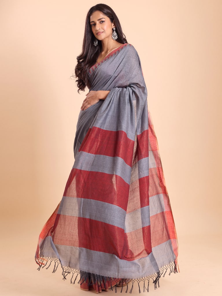 Handloom Cotton Dat Par Saree - Grey - View 2