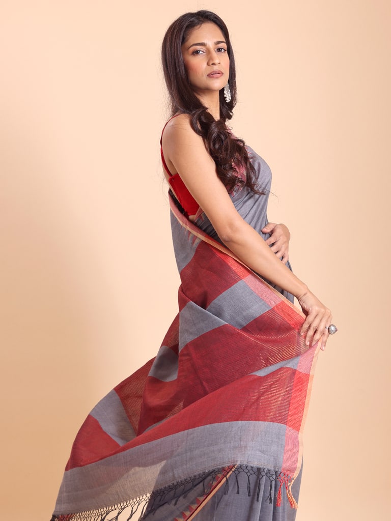 Handloom Cotton Dat Par Saree - Grey - Thumbnail 3