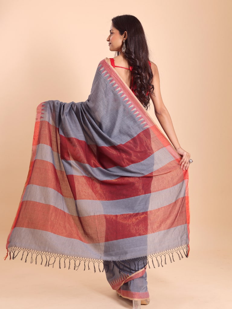 Handloom Cotton Dat Par Saree - Grey - Thumbnail 4