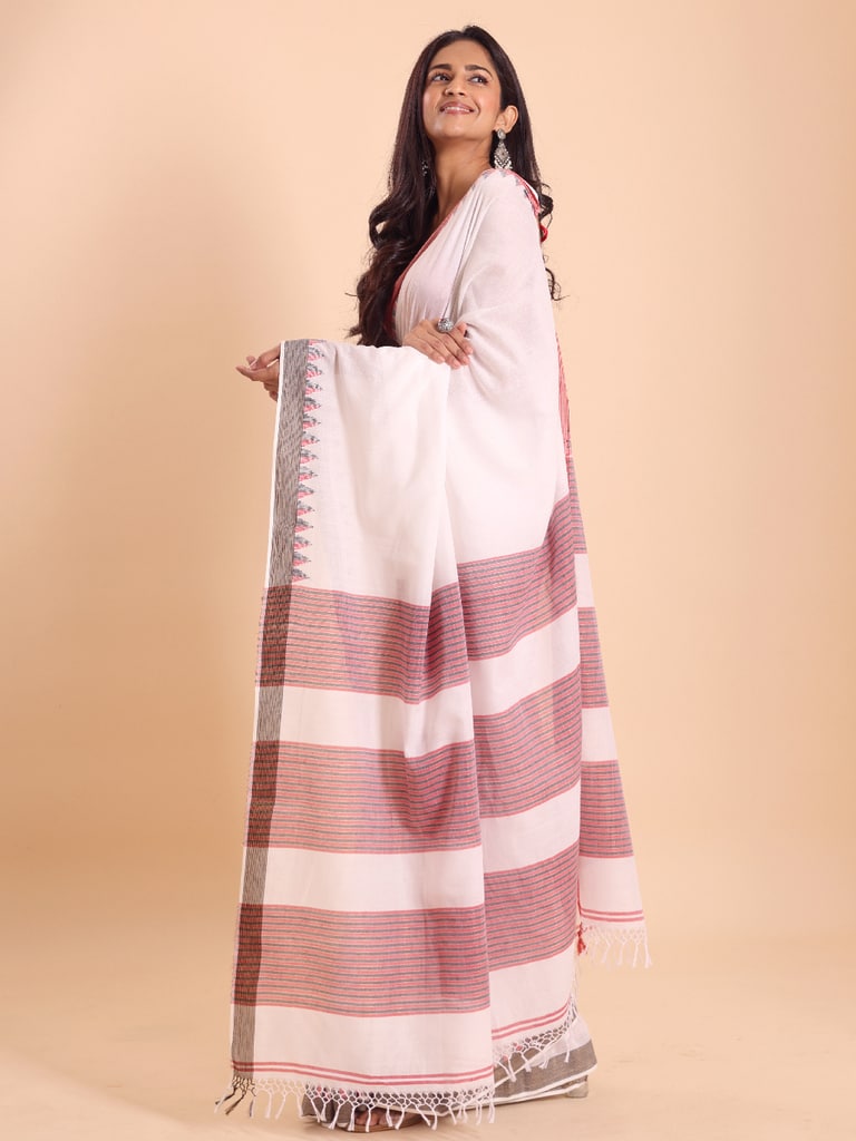 Handloom Cotton Dat Par Saree - Off White - View 1