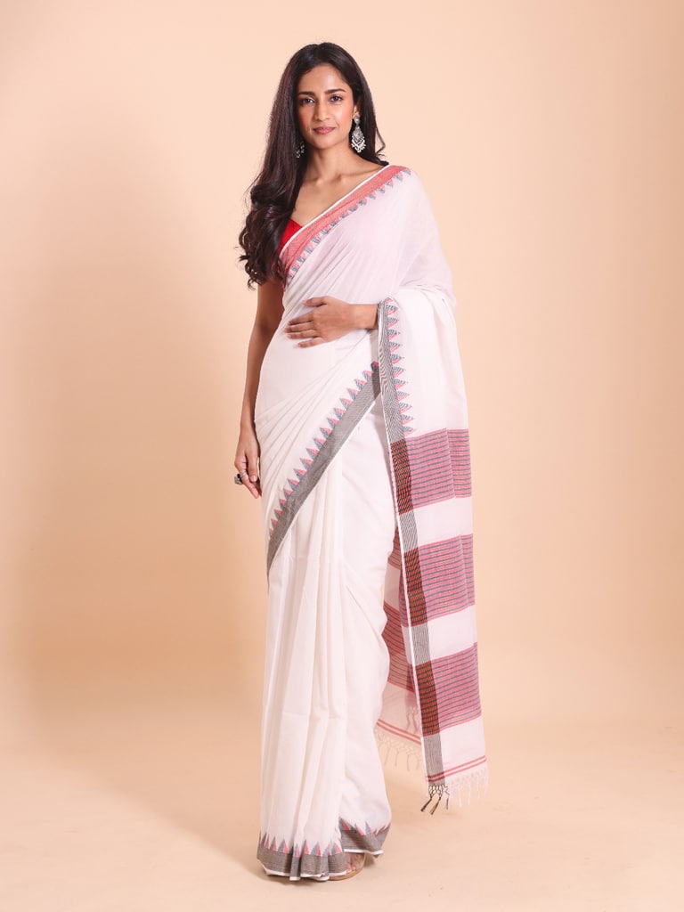Handloom Cotton Dat Par Saree - Off White - View 2
