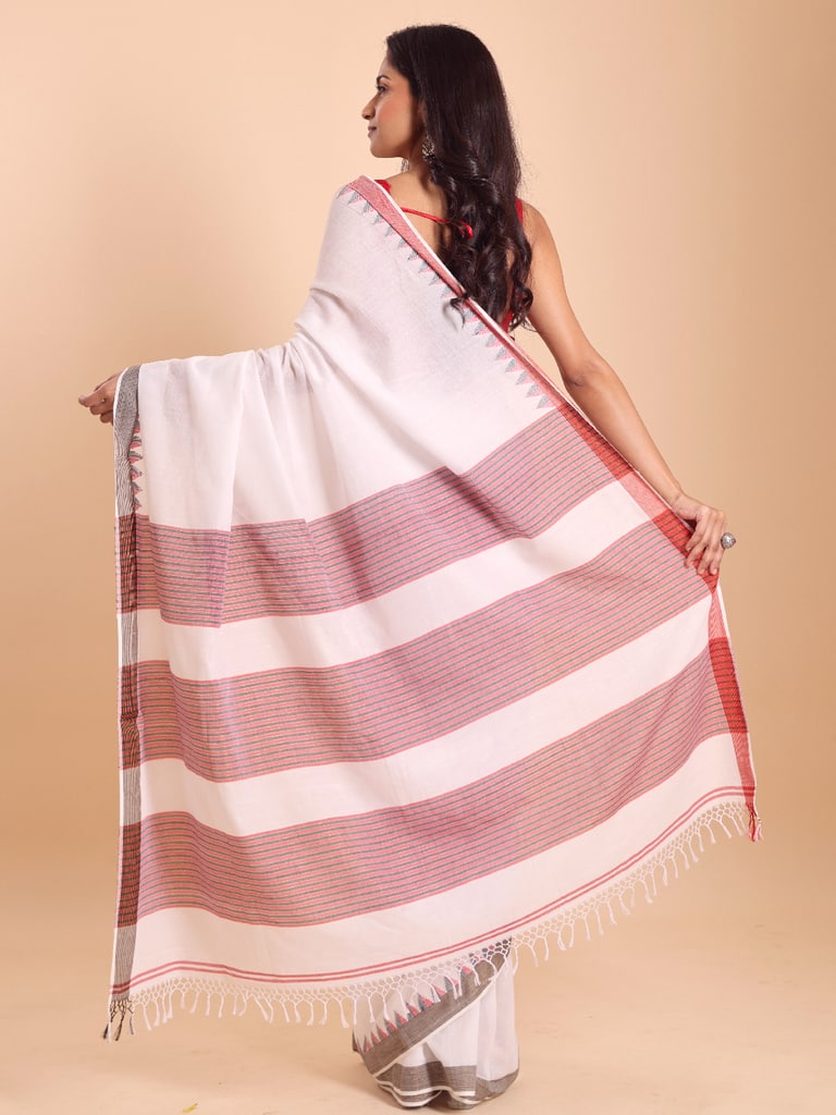 Handloom Cotton Dat Par Saree - Off White - Thumbnail 3