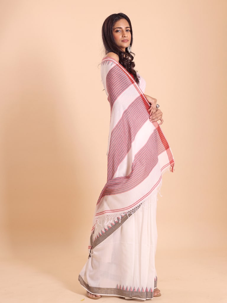 Handloom Cotton Dat Par Saree - Off White - Thumbnail 4