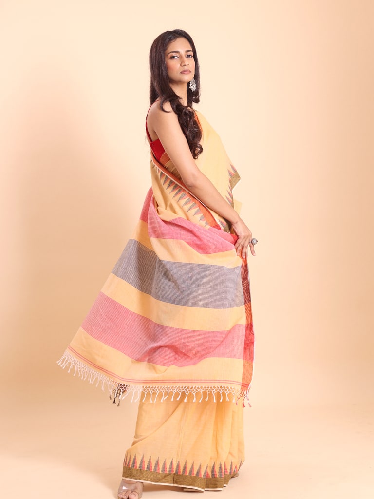 Handloom Cotton Dat Par Saree - Peanut - View 1
