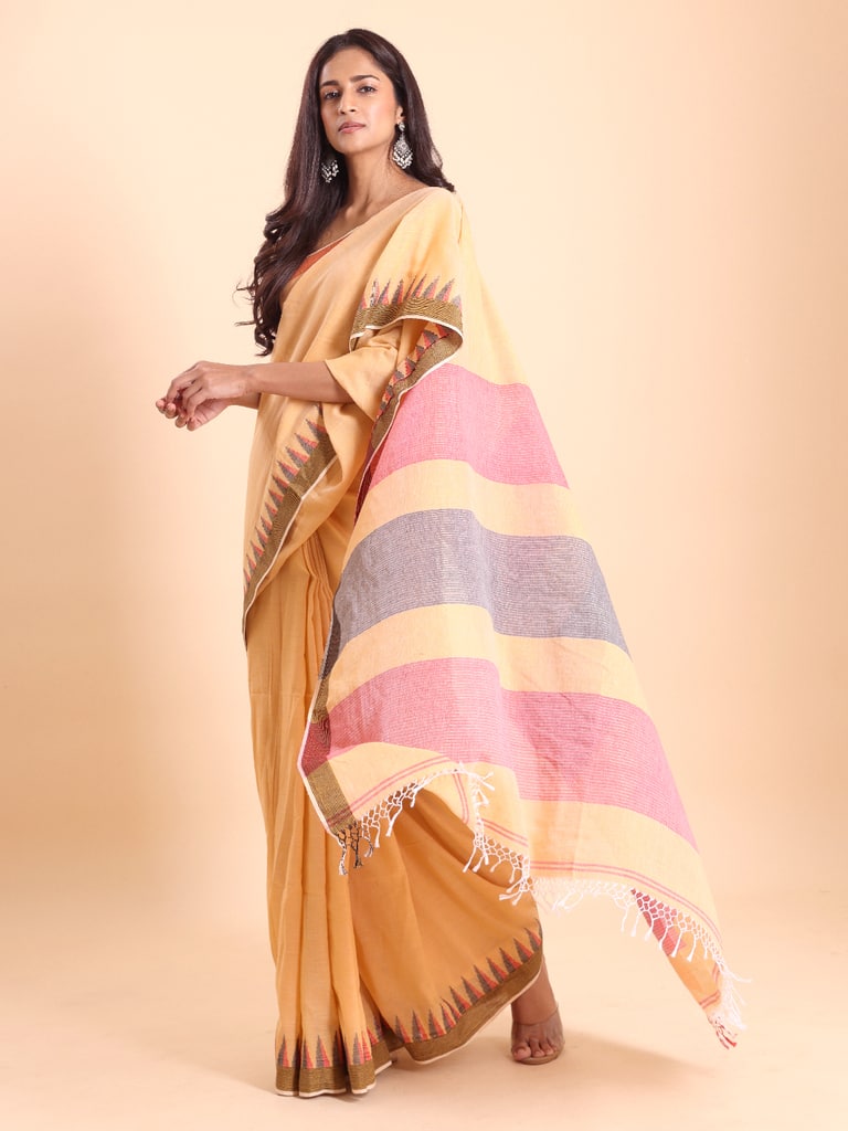 Handloom Cotton Dat Par Saree - Peanut - View 2