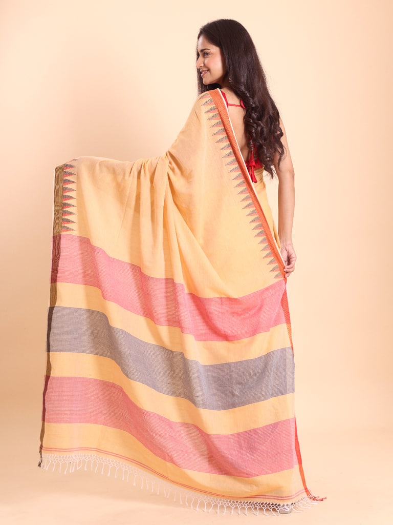 Handloom Cotton Dat Par Saree - Peanut - Thumbnail 4