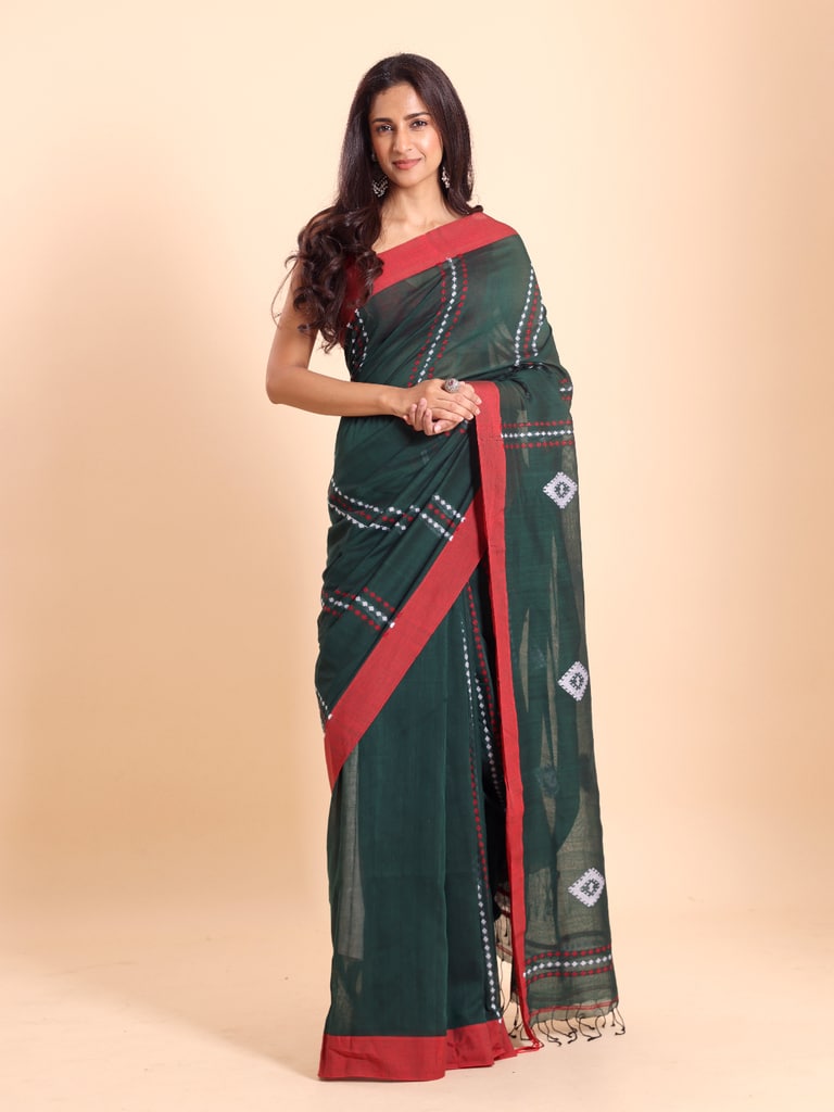 Handloom Chain Daimond Jamdani Saree - Bottle Green - View 1
