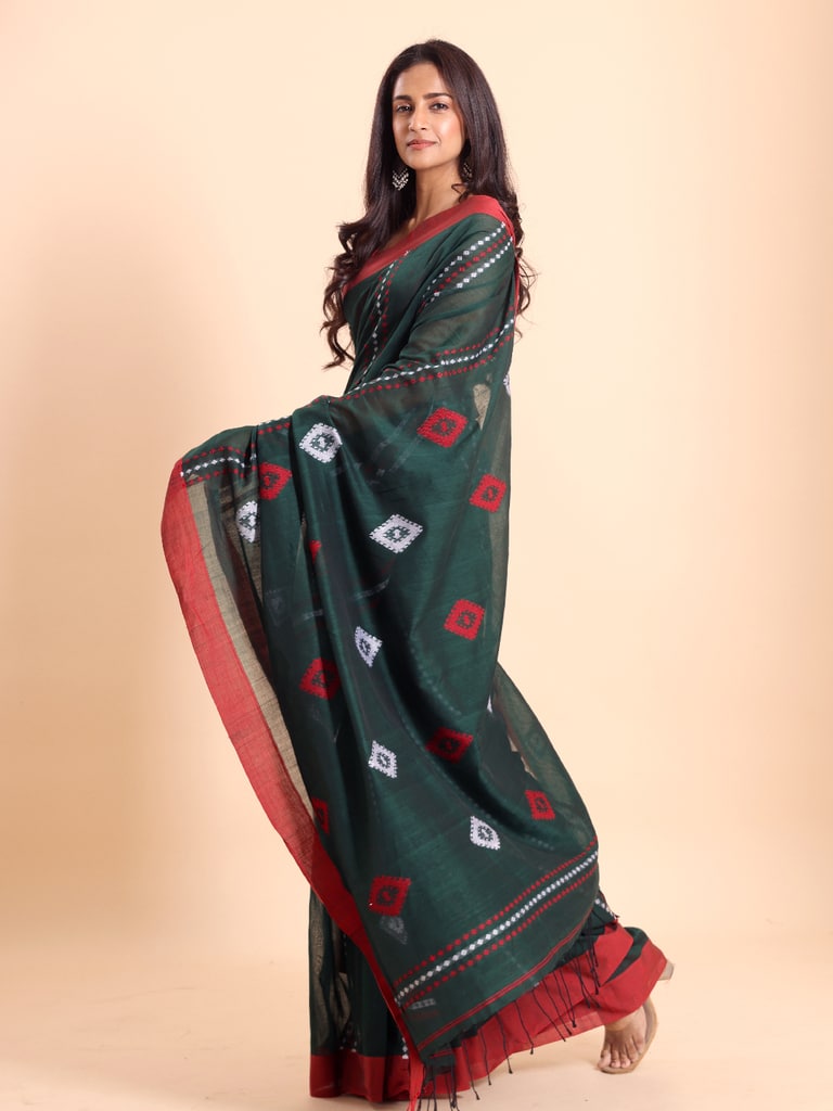 Handloom Chain Daimond Jamdani Saree - Bottle Green - View 2