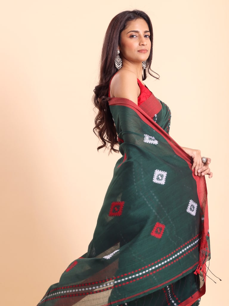 Handloom Chain Daimond Jamdani Saree - Bottle Green - Thumbnail 3