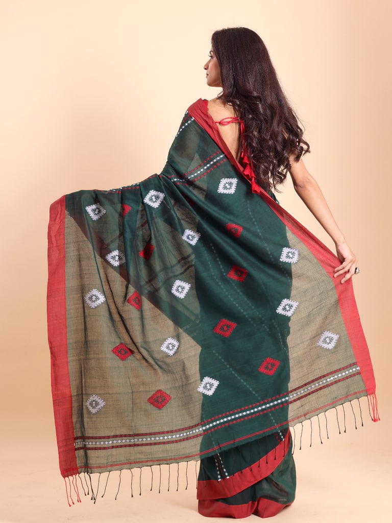 Handloom Chain Daimond Jamdani Saree - Bottle Green - Thumbnail 4