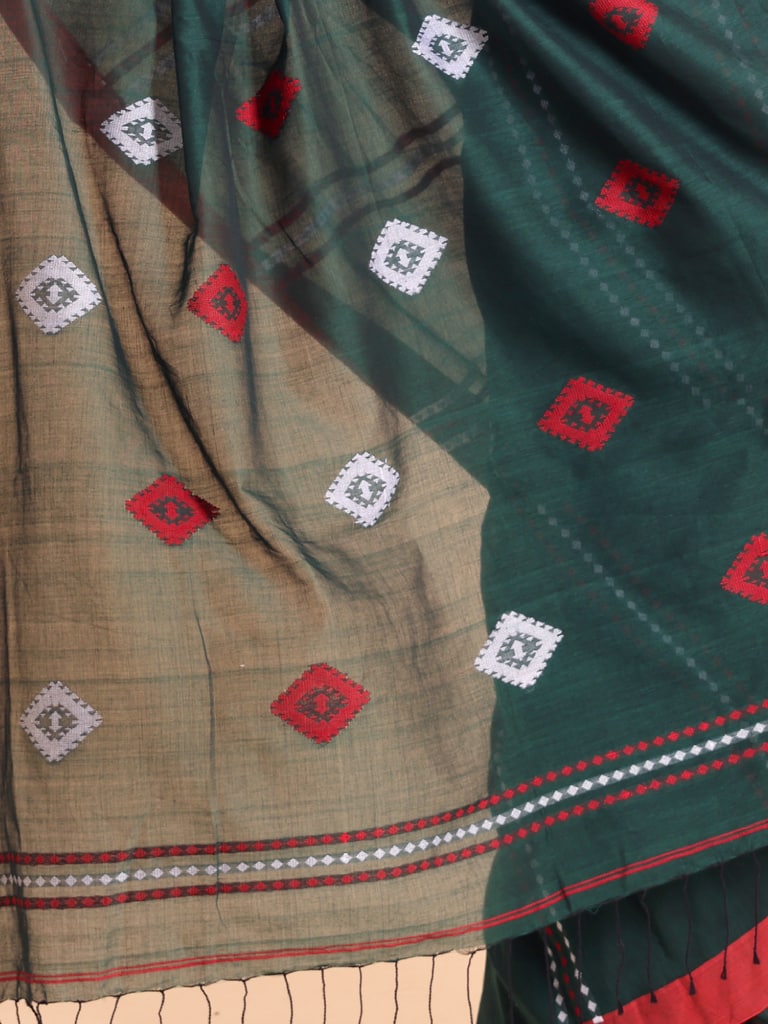 Handloom Chain Daimond Jamdani Saree - Bottle Green - Thumbnail 5