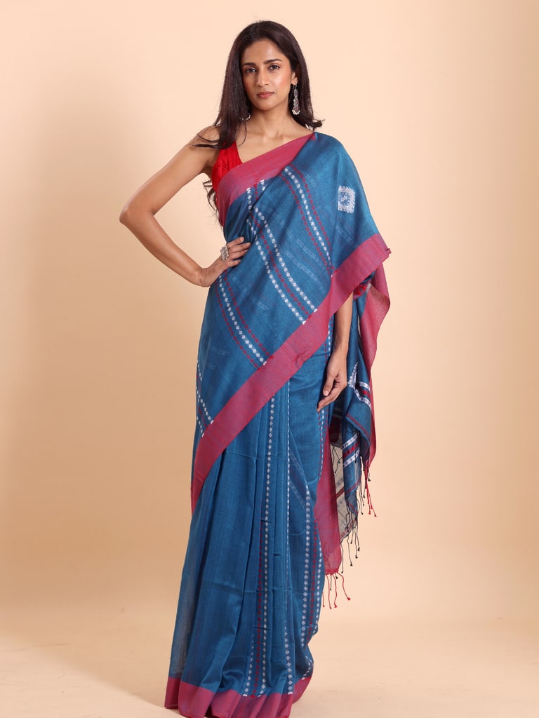 Handloom Chain Daimond Jamdani Saree - Diva Blue - View 1