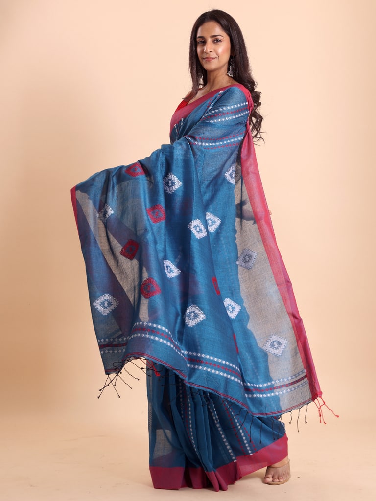 Handloom Chain Daimond Jamdani Saree - Diva Blue - View 2