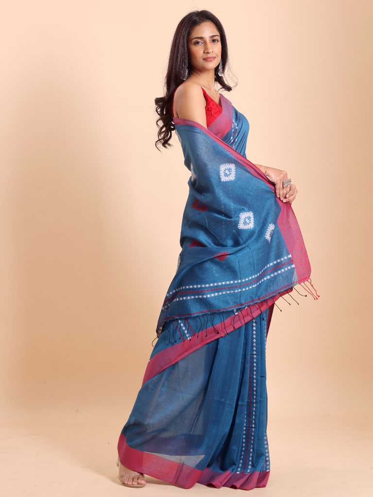 Handloom Chain Daimond Jamdani Saree - Diva Blue - Thumbnail 3