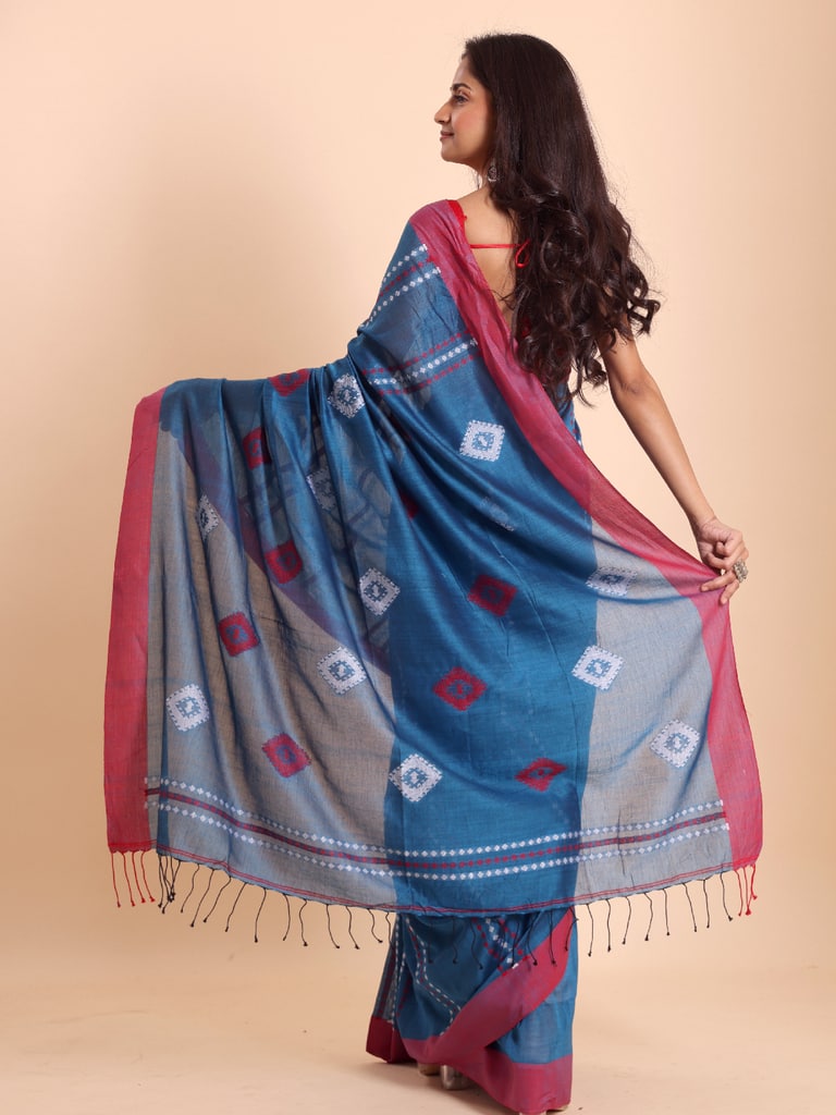 Handloom Chain Daimond Jamdani Saree - Diva Blue - Thumbnail 4