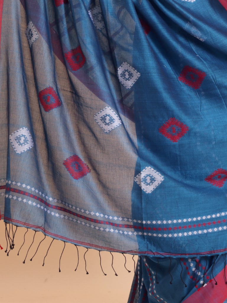 Handloom Chain Daimond Jamdani Saree - Diva Blue - Thumbnail 5