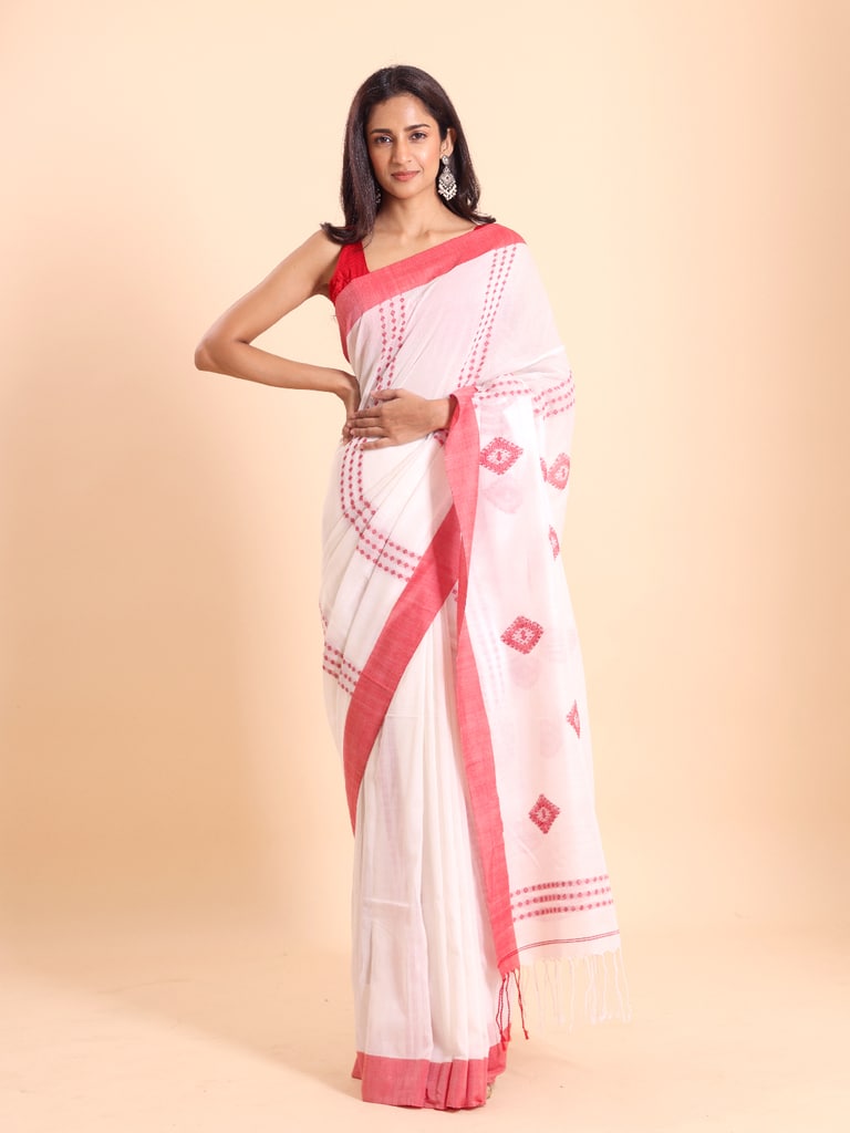 Handloom Chain Daimond Jamdani Saree - Off White - View 1