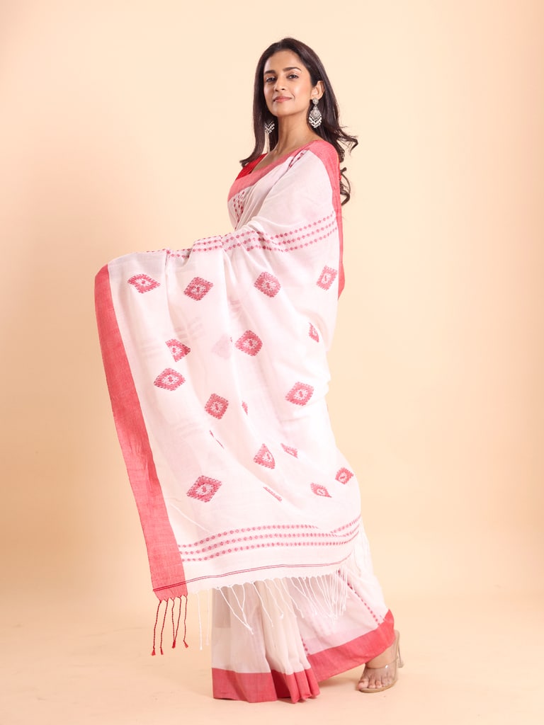 Handloom Chain Daimond Jamdani Saree - Off White - View 2