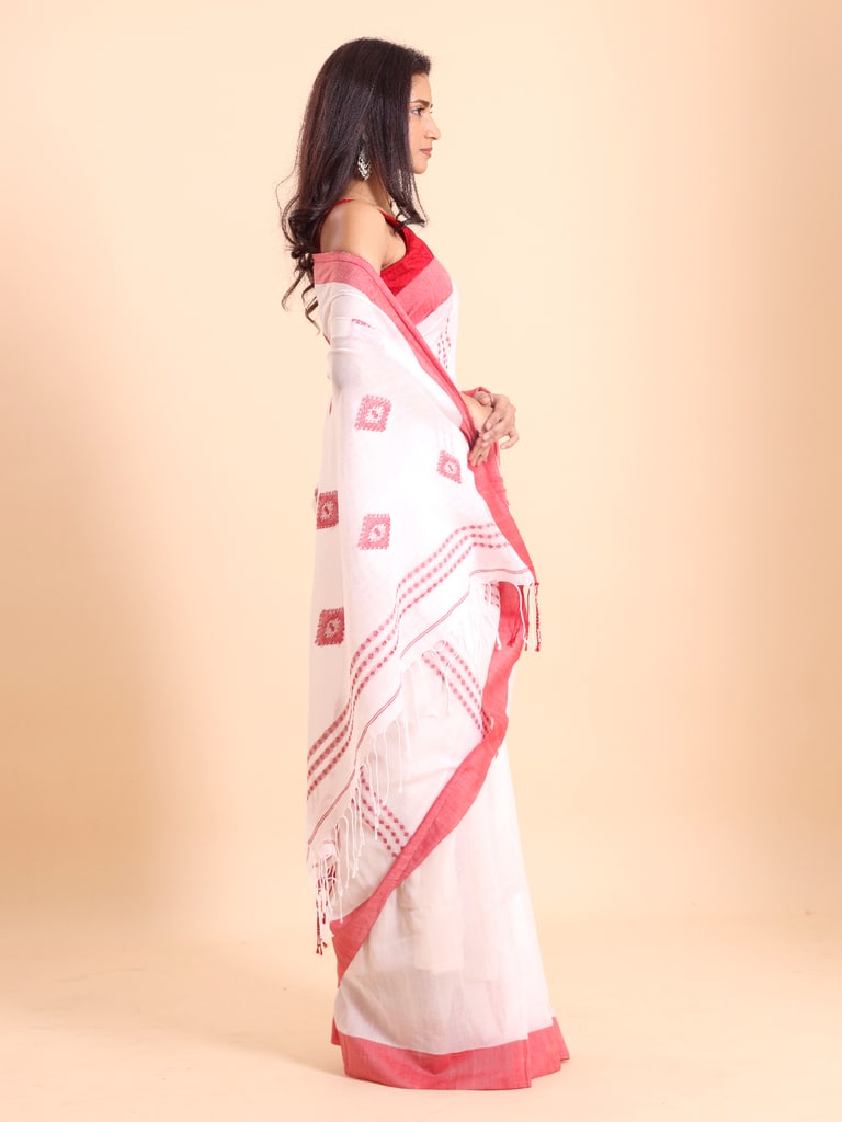 Handloom Chain Daimond Jamdani Saree - Off White - Thumbnail 3