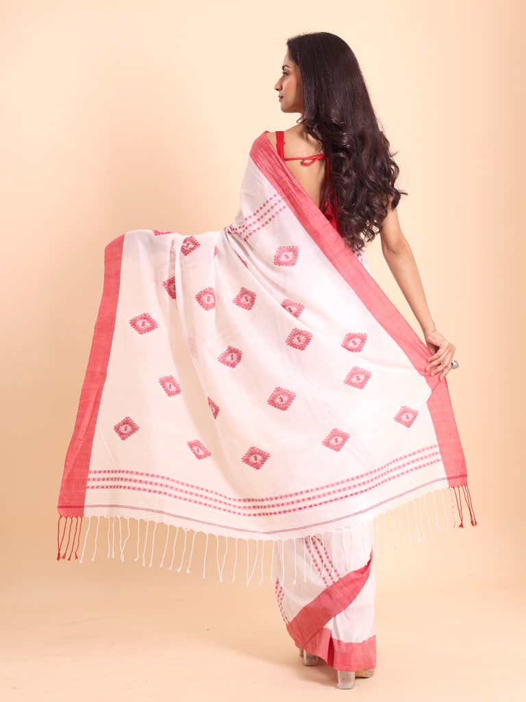 Handloom Chain Daimond Jamdani Saree - Off White - Thumbnail 4