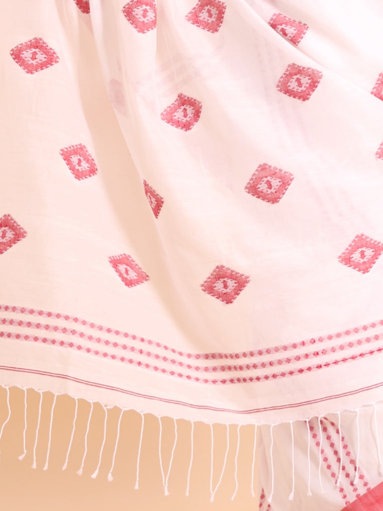 Handloom Chain Daimond Jamdani Saree - Off White - Thumbnail 5