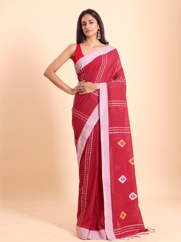 Handloom Chain Daimond Jamdani Saree - Red - View 1