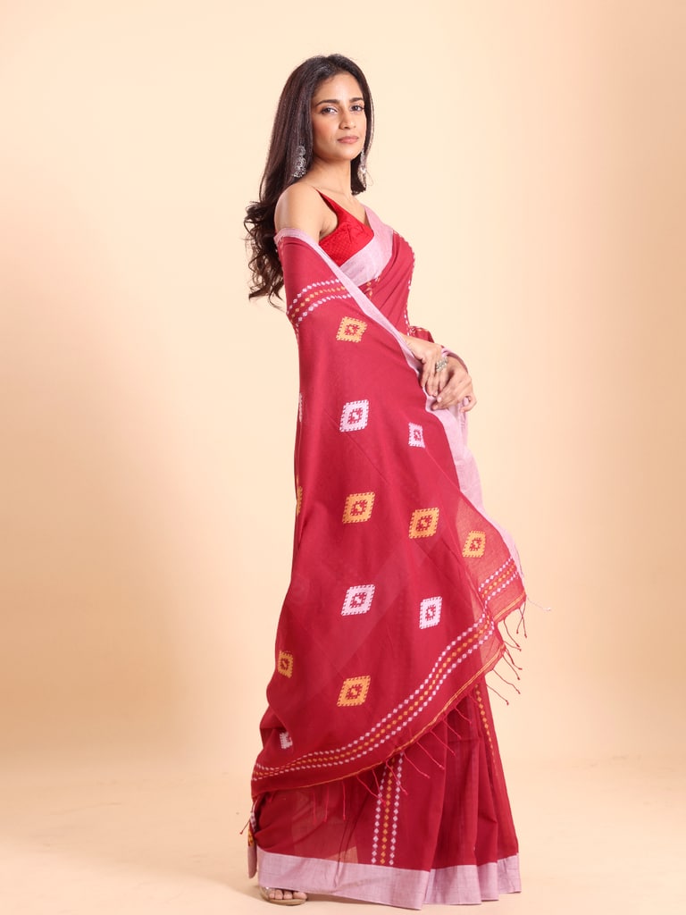 Handloom Chain Daimond Jamdani Saree - Red - View 2
