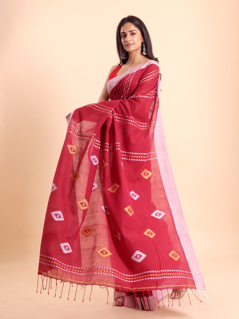 Handloom Chain Daimond Jamdani Saree - Red - Thumbnail 3