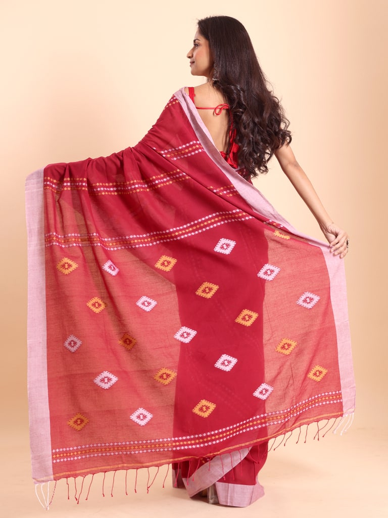 Handloom Chain Daimond Jamdani Saree - Red - Thumbnail 4
