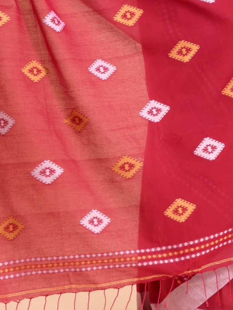 Handloom Chain Daimond Jamdani Saree - Red - Thumbnail 5