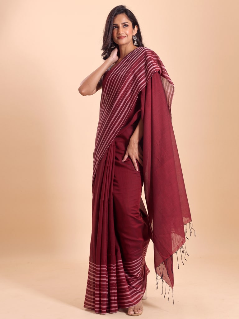Handloom Cotton Barcode Saree - Maroon - View 1