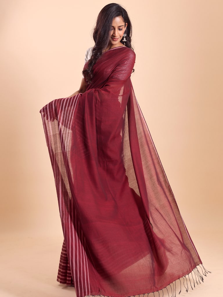 Handloom Cotton Barcode Saree - Maroon - View 2