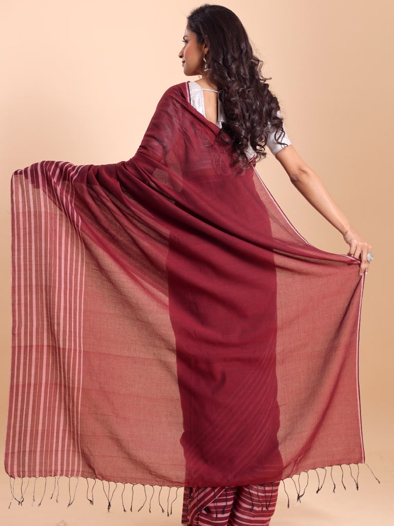 Handloom Cotton Barcode Saree - Maroon - Thumbnail 5