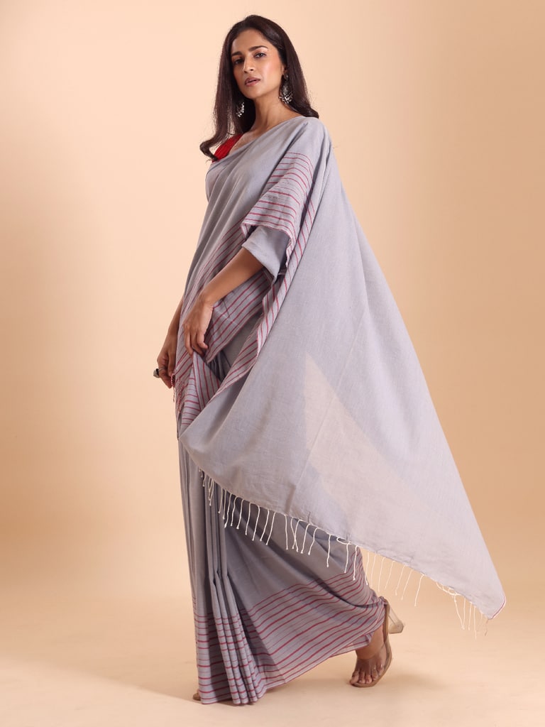 Handloom Cotton Barcode Saree - Steel Grey - Thumbnail 3