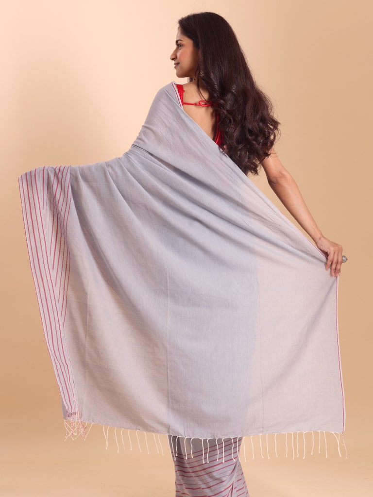 Handloom Cotton Barcode Saree - Steel Grey - Thumbnail 4