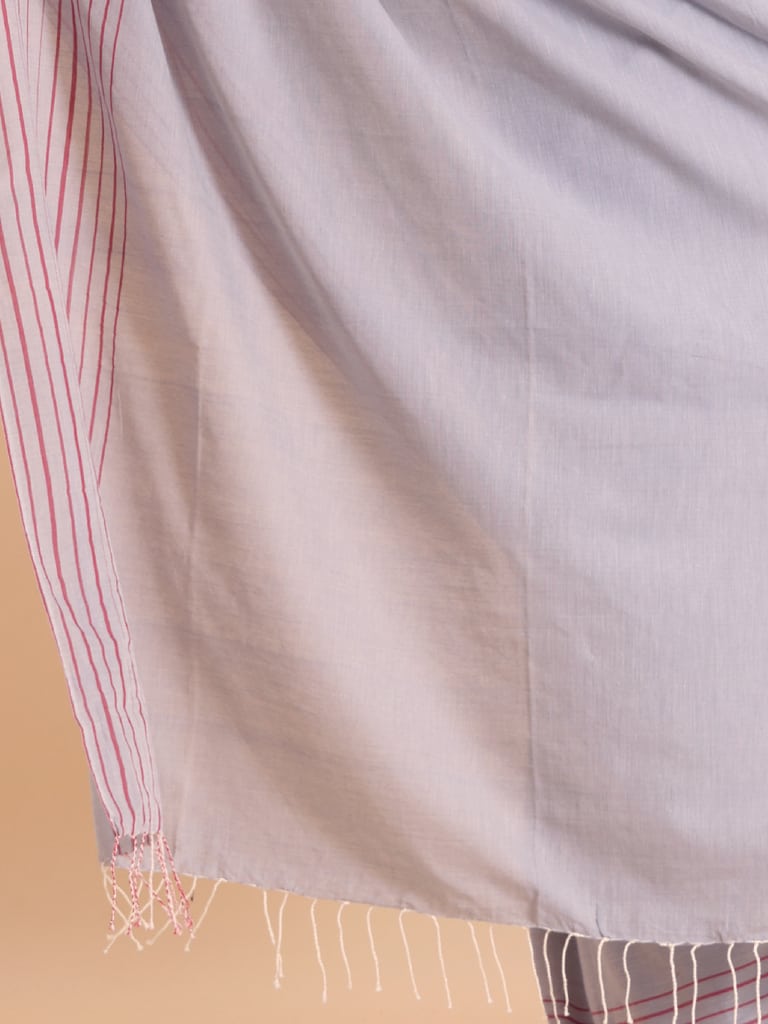 Handloom Cotton Barcode Saree - Steel Grey - Thumbnail 5
