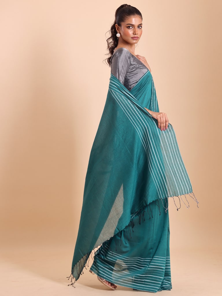 Handloom Cotton Barcode Saree - Turquoise - View 1