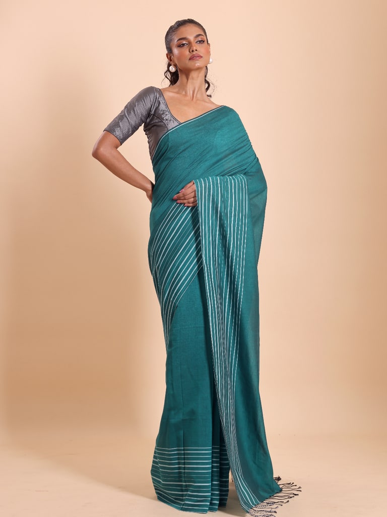 Handloom Cotton Barcode Saree - Turquoise - View 2
