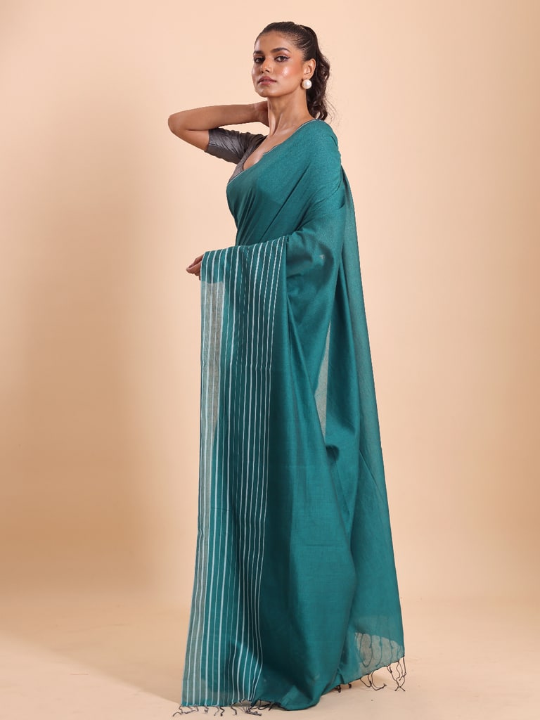 Handloom Cotton Barcode Saree - Turquoise - Thumbnail 3