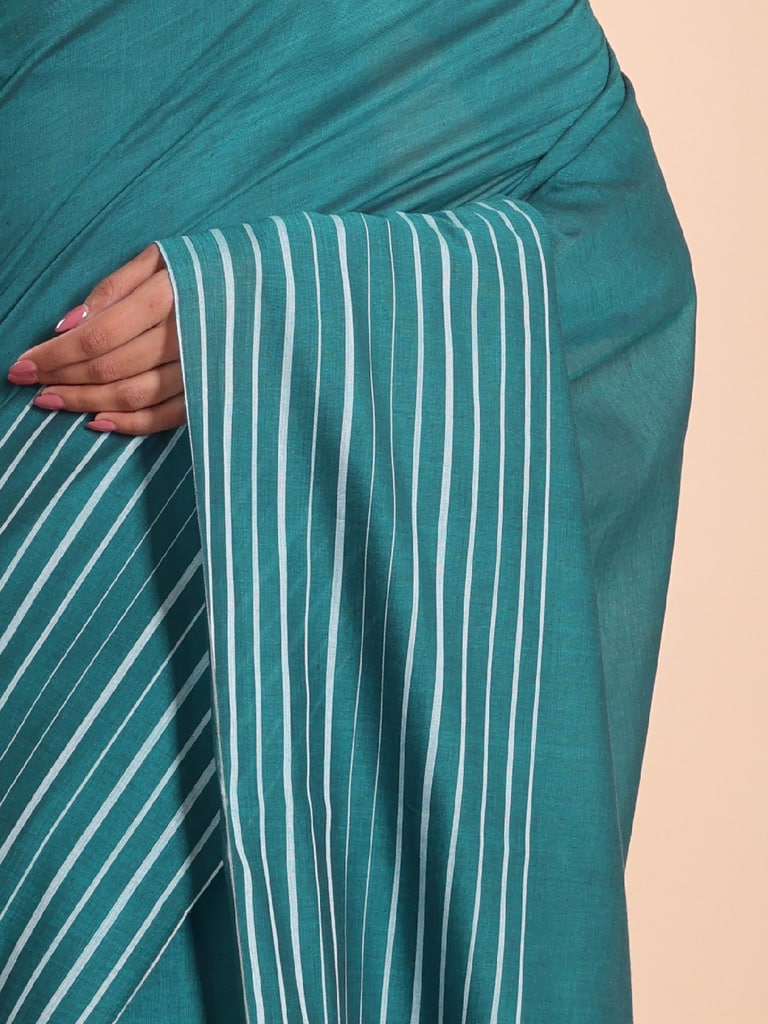 Handloom Cotton Barcode Saree - Turquoise - Thumbnail 4