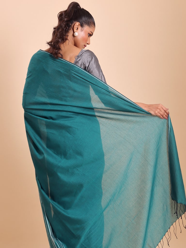 Handloom Cotton Barcode Saree - Turquoise - Thumbnail 5
