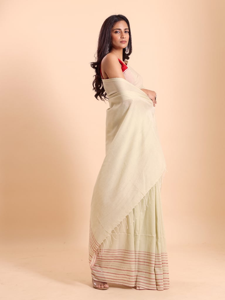 Handloom Cotton Barcode Saree - Winter White - View 1
