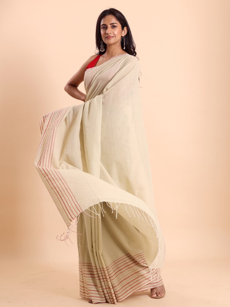 Handloom Cotton Barcode Saree - Winter White - View 2