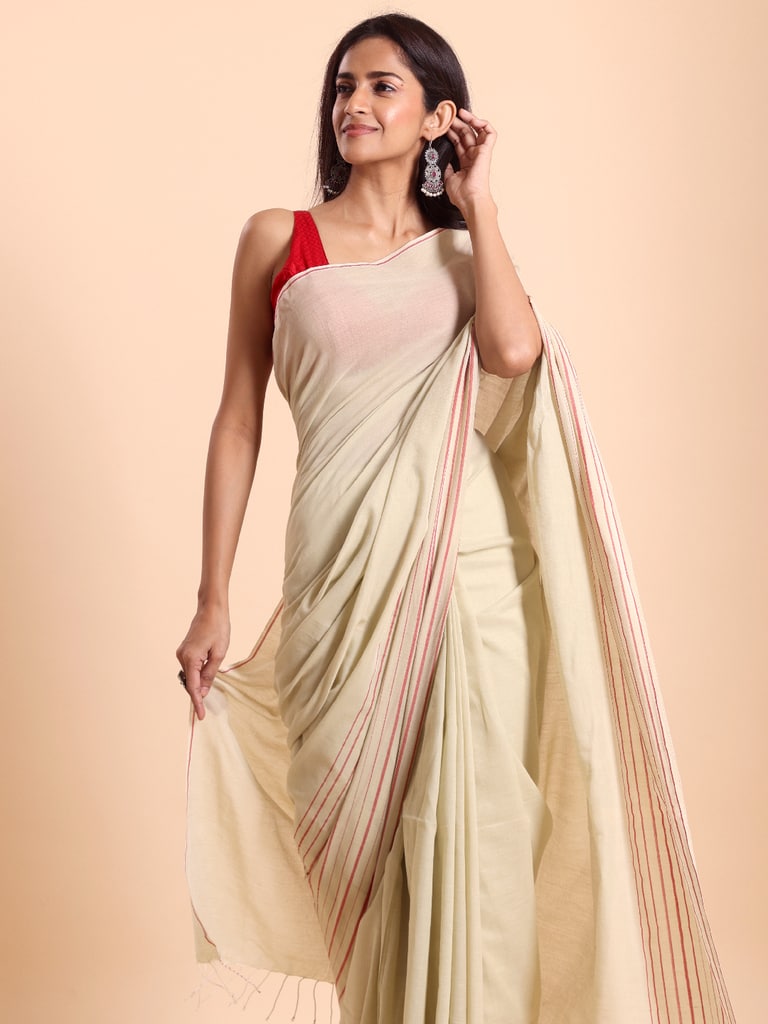 Handloom Cotton Barcode Saree - Winter White - Thumbnail 3