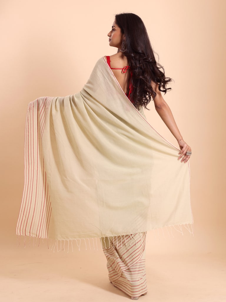 Handloom Cotton Barcode Saree - Winter White - Thumbnail 4