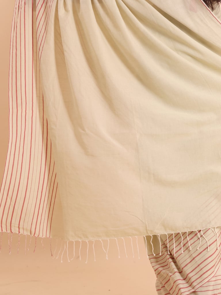 Handloom Cotton Barcode Saree - Winter White - Thumbnail 5