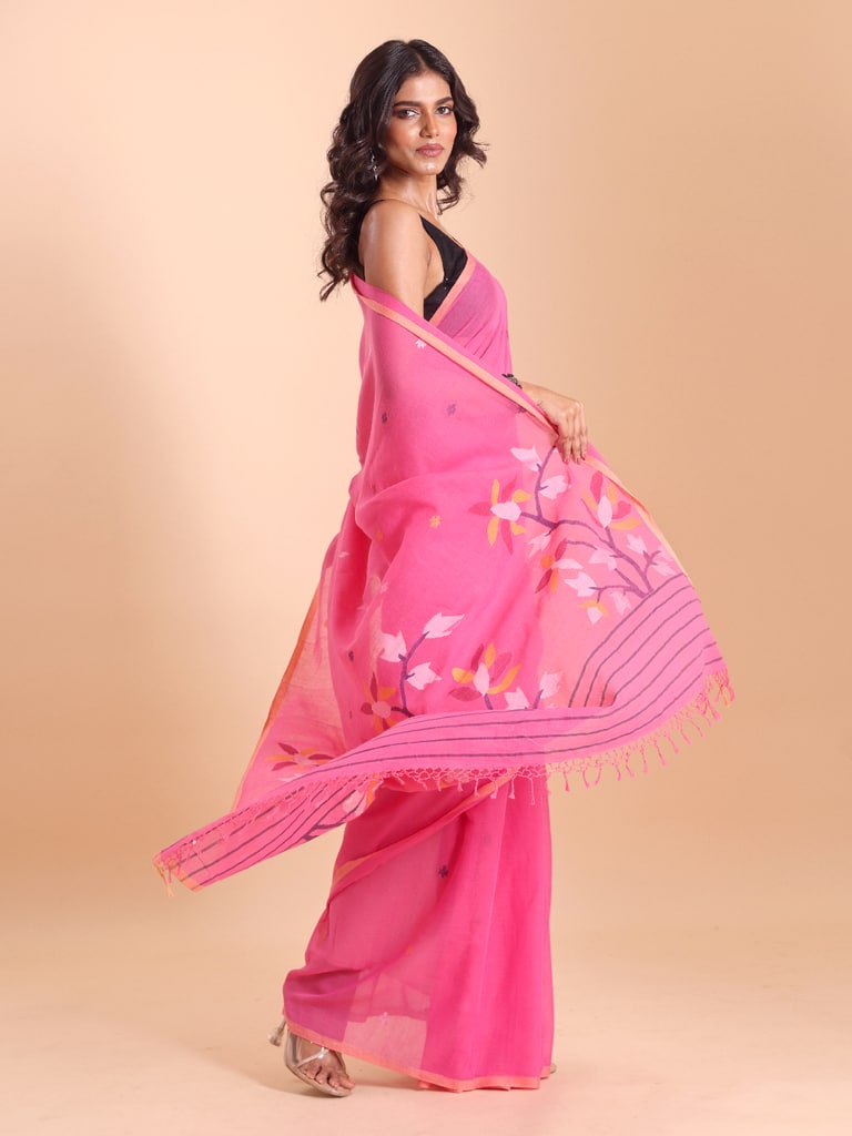 Handloom Malmal Cotton Handwoven Jamdani Saree - Fuchsia - View 1