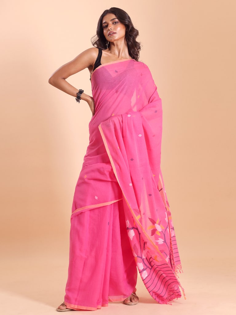 Handloom Malmal Cotton Handwoven Jamdani Saree - Fuchsia - View 2