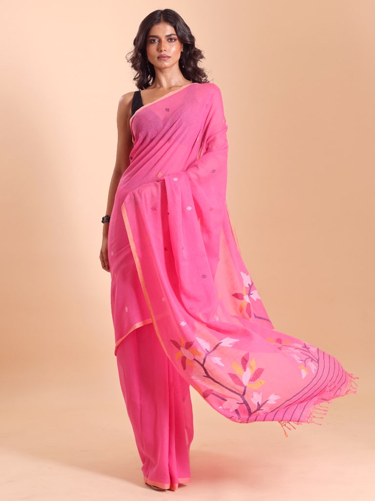 Handloom Malmal Cotton Handwoven Jamdani Saree - Fuchsia - Thumbnail 3