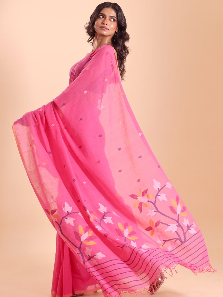 Handloom Malmal Cotton Handwoven Jamdani Saree - Fuchsia - Thumbnail 4